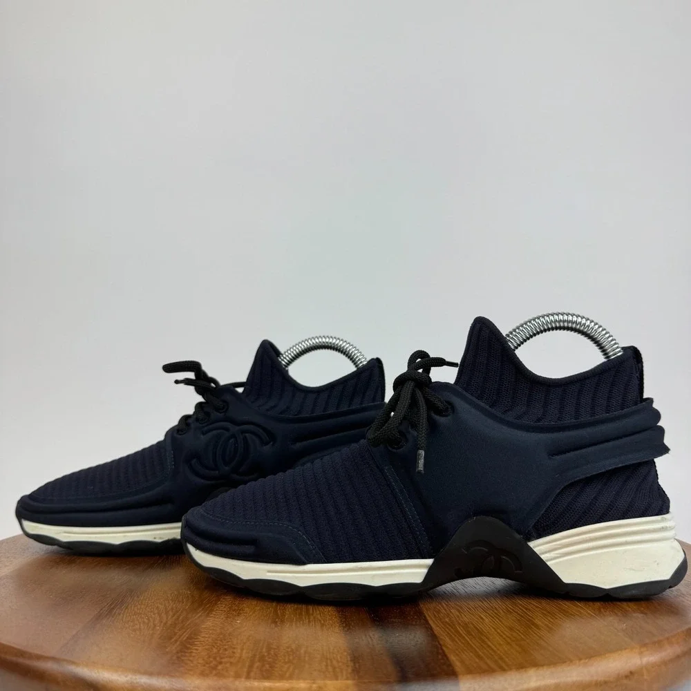 Womens Chanel Interlocking CC Logo Navy Blue‎ Sock Sneakers Shoes Size 36 US 6